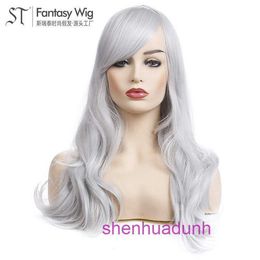 Designer menschliche Perücken Haare für Frauen Hochtemperatur Seidenperücke Voller Set Silberwigs Silber grau langen lockigen weißen Frauen