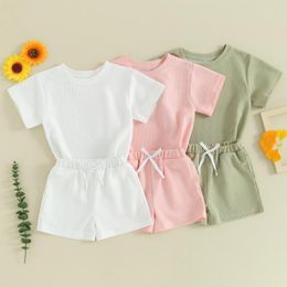 Clothing Sets Pudcoco Kids Boys Girls Summer Outfits Solid Colour Crew Neck Short Sleeve T-Shirts Elastic Waist Shorts 2Pcs Clothes Set 2-6T