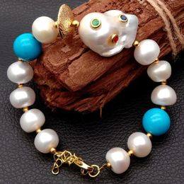 YYGEM natural White Rondelle Pearl Blue Turquoise Nucleated Flameball Baroque Pearl Cz pave Beaded Bracelet Extender 8 240414