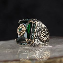 Bands vintage Handmade Turkish Signet Ring For Men Women Ancient Silver Colour Carved Eagle Ring Green Zircon Inlay Punk Motor Biker