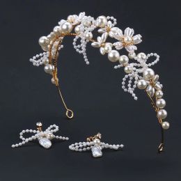 Sets Bride Jewelry Set Headdress New Crown Earrings Wedding Super Fairy Veil Hair Accessories Pearl Headband Handmade Beads Headwear