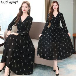 Casual Dresses 2024 Vintage Black Floral Chiffon Midi Dress Autumn Winter Long Sleeve Chic Prom Maxi Elegant Women Bodycon Party Vestidos