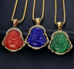 Diamond Studded Opal Jade Laughing Buddha Pendant Necklaces with Stainless Steel Gold Plated Chain Inlaid Gemstone Jewellery Wholesa9546401