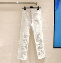 Women's Jeans 2024 Spring/Summer Rose Pattern White Hollow Embroidered Loose Denim Pants Women Straight Leg Female Long Trousers