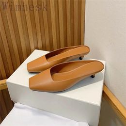 Slippers Summer Square Toe Concise Genuine Leather Slip On High Heel Woman Stiletto Fashion Party Shoes Women 2024
