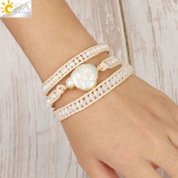 Bangle CSJA Bohemia Multilayer Wrap Leather Bracelets Adjustable White Freshwater Pearls Glass Crystal Charm Women Woven Bracelets S474