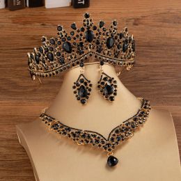 Necklaces Baroque Gold Color Black Crystal Bridal Jewelry Sets Tiaras Crown Earrings Choker Necklace Women Wedding Dress Dubai Jewelry Set