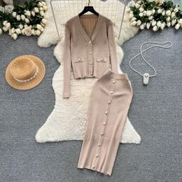 Work Dresses Women Knitted Clothing Sets Celebrity Style Knit Single Breasted Cardigan Metal Button Pack Hip Skirt Spring Two-piece Suits