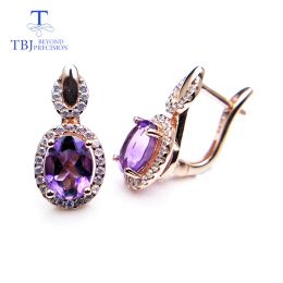 Earrings TBJ, Natural african amethyst gemstone clasp earring solid 925 sterling silver yellow gold color shiny gift for women girls