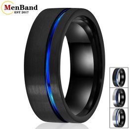 Bands Black Tungsten Carbide Wedding Ring For 8MM Men And Women Blue Offset Groove Flat Band Brushed Finish Comfort Fit