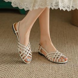 Casual Shoes Fashion One Word Buckle Sandals 2024 Summer Women's Open Toe Shallow Flat Lady Lightweight Rome Beach