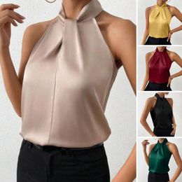 Women's Blouses Solid Color Women Vest Elegant Satin Tank Tops For Blouse With Halter Neck Loose Fit Office Smooth Imitation Silk