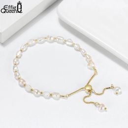Bracelets EFFIE QUEEN 925 Sterling Silver Natural Baroque Pearl Bracelet 14K Gold Adjustable Chain Link Bracelets for Women Jewelry GPB09