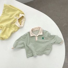 Polos 2023 Autumn New Baby Long Sleeve T Shirts Children Striped Polo Shirts Lapel Boys Girls Flower Sweatshirts Casual Infant Tops