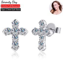 Earrings Real D Color 12 Stones 2.3mm Full Moissanite Cross Earring For Women 100% S925 Sterling Silver Plate Pt950 Stud Ear Fine Jewelry