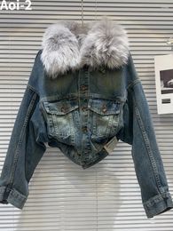 Women's Jackets Vintage Street Winter Denim Coat 2024 High Quality Fur Collar With Liner Washed Loose Warm Jacket