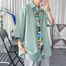 Men's Casual Shirts Summer Ice Silk Three-quarter Sleeve Loose High Street Drape Short-sleeved Tops Men T-shirts Male Clothes