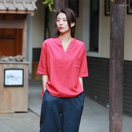 Women's T Shirts Summer Red Cotton Linen Tshirt Women Retro Loose V-neck Short Sleeve Ladies Cute Basic T-shirt Vintage Shirt Ethnic