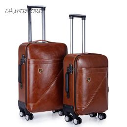 Luggage Chupermore Brown Retro PU Leather Rolling Luggage Spinner 28 inch High capacity Brand Suitcase Wheel 20 inch Women Cabin Trolley