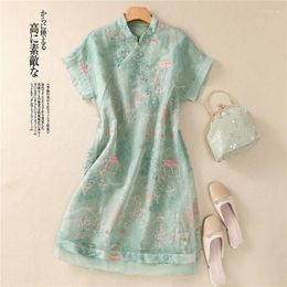 Party Dresses Limiguyue Chinese Style Summer Floral Embroidery Mini Dress Women Silk Ramie Raglan Sleeve A-Line Vestidos E617