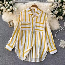 Women's Blouses Breathable Blouse Stylish Casual Shirt With Long Sleeve Lapel Vertical Striped Pattern Loose Fit Single For Streetwear
