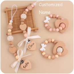 Custom Name Wooden Heart Bead Personalised Baby Pacifier Chain Dummy Holder Guard Teether Pendant born Gift Stuff 240418