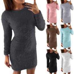 Casual Dresses Women Winter Long Sleeve Solid Sweater Fleece Warm Basic Short Mini Dress Summer Teen Womens Wrap