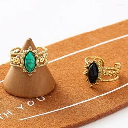 Cluster Rings Natural Stone Vintage Stainless Steel Ring For Women Opening Wide Knuckle Finger Boho Turquoise Gold Plated