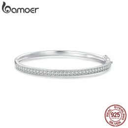 Strands BAMOER 925 Sterling Silver CZ Bangle Bracelet Plated in Platinum Fine Jewelry Gift for Mom Women Wife Girls BSB130