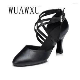 Dance Shoes NATASHA Black Genuine Leather Baotou Latin Women's Adult Square Social Medium High Heels Package