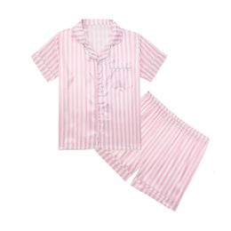 Summer Kids Two Piece Pajama Girls Sweet Faux Silk Striped Short Sleeve Pyjamas Satin Set Casual SkinFriendly Sleepwear 914Y 240408