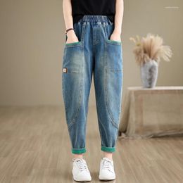 Women's Jeans 2024 Arrival Spring/summer Women Pockets Patchwork Cotton Denim Ankle-length Pants Elastic Waist Harem S113