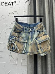 DEAT Womens Denim Skirts Multiple Pockets Patchwork Washed Lace-up Cargo A-line Mini Skirt 2024 Summer Fashion 29L3411 240422