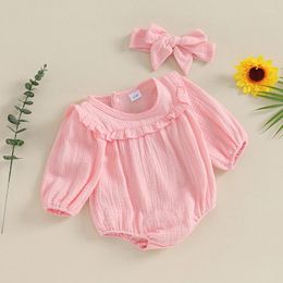 Rompers Cute Baby Girls Clothes Casual Fall Kids Infant Outfits Soft Cotton Long Sleeve Solid Color Ruffle Romper With Headband Jumpsuit