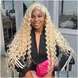 Synthetic Wigs 250% 40 Inch 613 Honey Blonde Deep Wave Brazilian Fl 13X4 Lace Frontal Transparent Front Preplucked Drop Delivery Hair Dhyvb