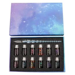 Pens Crystal Glass Pens Starry Sky Calligraphy Dip Pen Fountain Pens Colours Ink Gift Box Writing Stationery Supplies