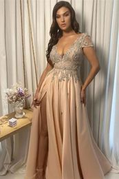 2024 Sexy Champagne Evening Dresses Wear Deep V Neck Short Sleeves Silver Lace Crystal Beads Sheer Back Formal Prom Dress Party Gowns Plus Size Side Split