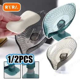 Dishes 1/2Pcs Leafshaped Soap Case With Suction Cup Soap Box Drain Nonslip Soap Holder Portable Soap Storage Tray Bathroom Gadgets