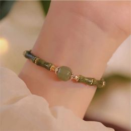 Strands Ethnic Olive Jade Bamboo Shaped Beads Women Bracelet Natural Hetian Jade Fine Jewelry Ins Niche Design Romantic Fashion Gift