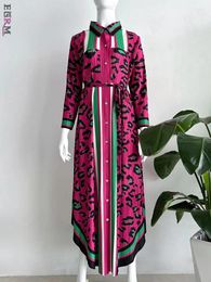 Casual Dresses EGRM Leopard Print Pleated Miyake Maxi Long Dress Lapel Full Sleeved Single Breasted With Belt For Women 2024 5GR917