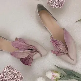 Casual Shoes Pure Hand Made Retro Pink Green Suede Petal Ladle Women Pointed Toe Genuine Leather Hollow Slip On Comfortable Flat