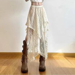 Skirts Woman Vintage Ruffles Patchwork Loose Lace A-Line Midi Skirt Sexy Transparent Irregular Long Women Y2K Summer Holiday