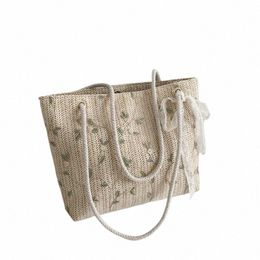 vintage Women Woven Shoulder Bag Solid Color Lace Ribb Tote Handbags Wicker Boho Straw Bag for Summer Beach Handle Beige Bags Y9FO#