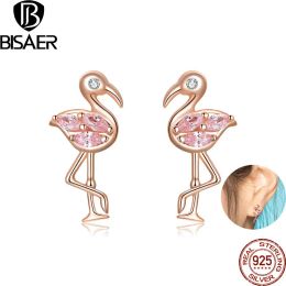 Earrings BISAER Flamingos Stud Earring 925 Sterling Silver Exquisite Pink Zircon Animal Earrings For Women Wedding Party Jewelry Fine