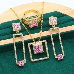 Strands Bride Geometric Gold Color Jewelry Set for Women Pink Zircon Bracelet Earrings Necklace Pendant Ring Wedding Gift