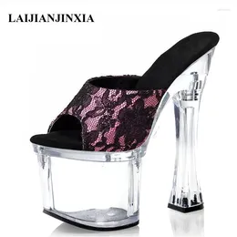 Slippers LAIJIANJINXIA 7 Inches Super High Heeled Shoes Clear Spool Heels Lace Sexy Fetish 18 Cm Thick Platform Models Party