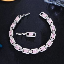 Strands ThreeGraces High Quality Pink Cubic Zirconia Silver Color Link Chain Bracelet for Women New Trendy Party Costume Jewelry BR265