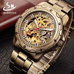 Kits Shenhua Fashion Gold Skeleton Automatic Mechanical Watch Men Top Brand Luxury Sports Quartz Watches Waterproof Relogio Masculino