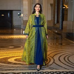 Ethnic Clothing Dubai Abaya For Women Long Sleeve Two Piece Belted Dress Elegant Cardigan Skirt Loose Maxi AB333