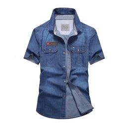 Summer Men Short Sleeved Denim Shirts High Quality Male Cotton Multi pockets Cargo Shirts Man Fashion Casual Jeans Shirts 4X 240407